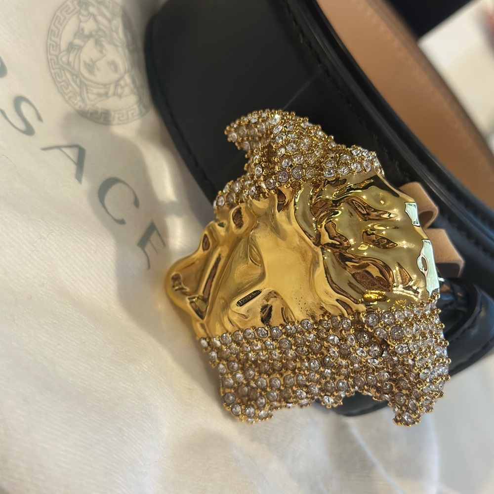 Versace Black Belt with Gold Embellished Medusa Buckle